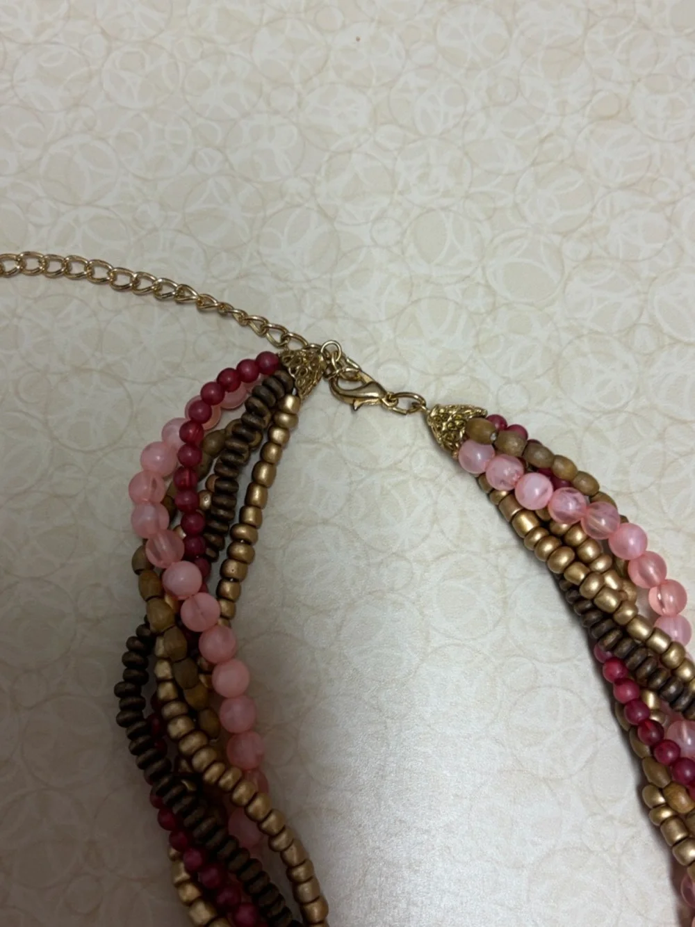 Gold and Pink Multi-Strand Twisted Beaded Necklace - Women Jewelry. No Brand.